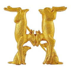 Hermes Vintage Gold Toned Twin Rabbit H Brooch