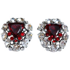 Circa 1930s Large Red Faceted Glass & Rhinestone Dress Clips, Pair