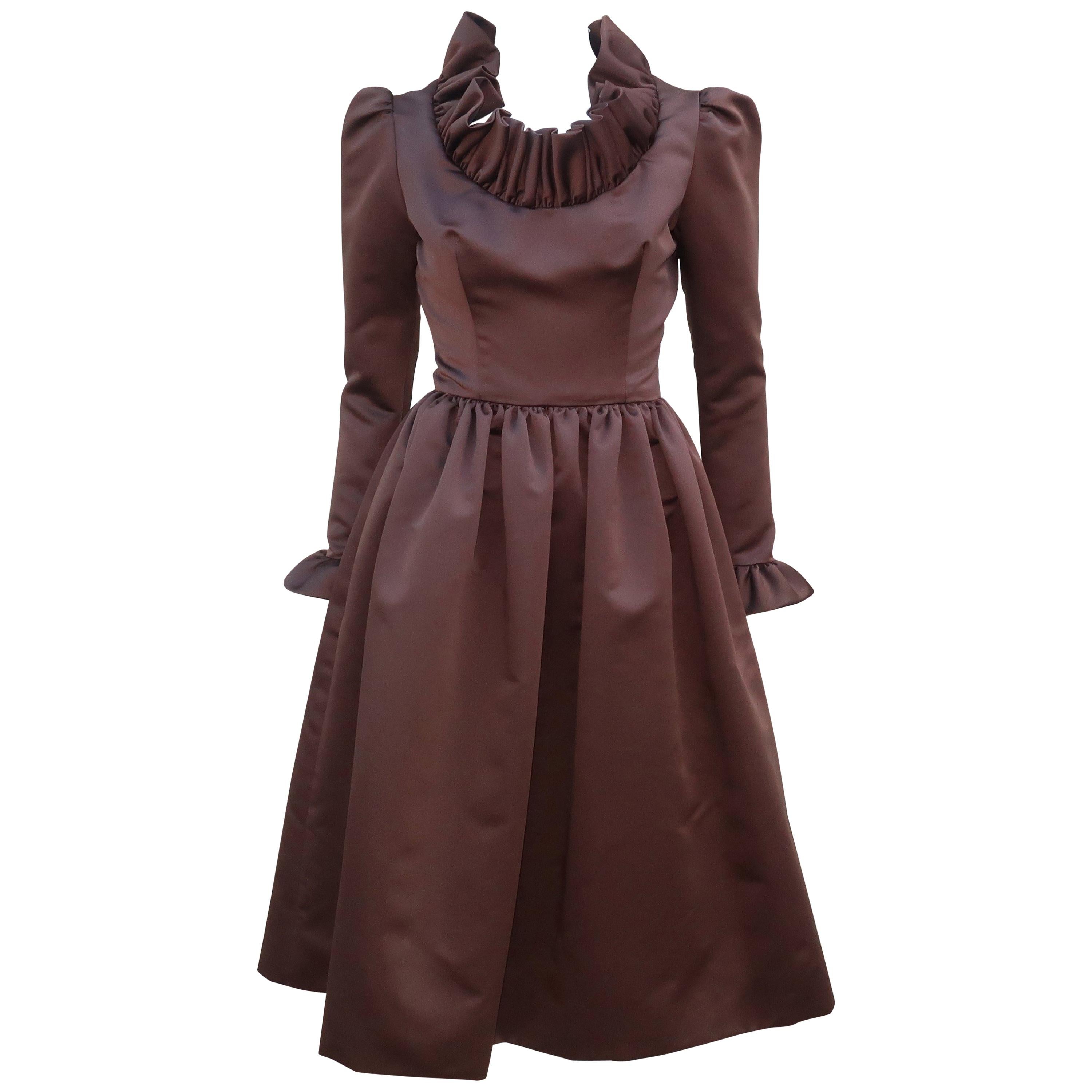 Jill Richards Brown Satin Ruffled Cocktail Dress, 1970's For Sale