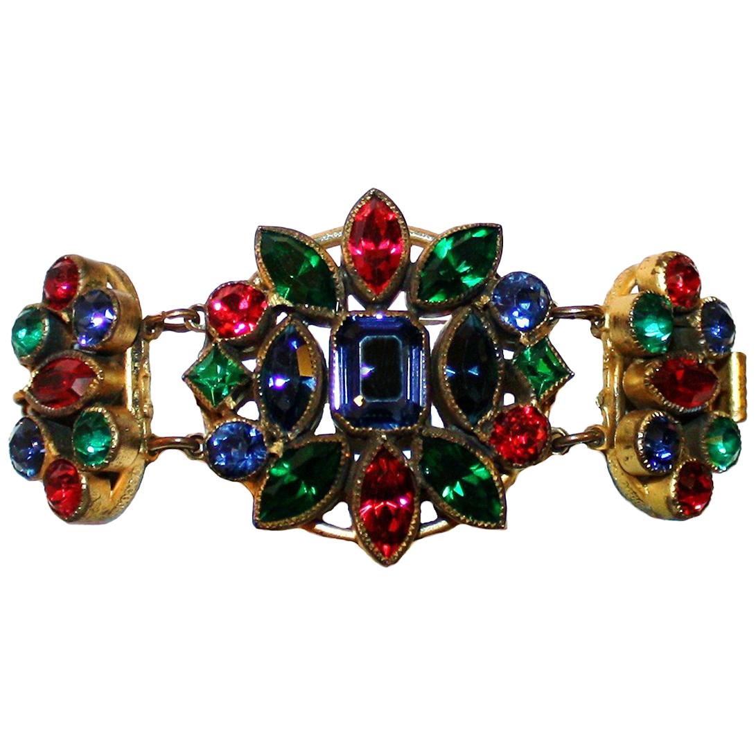 Circa 1930s Czech Jewel-Tone Faceted Bohemian Glass Bracelet For Sale