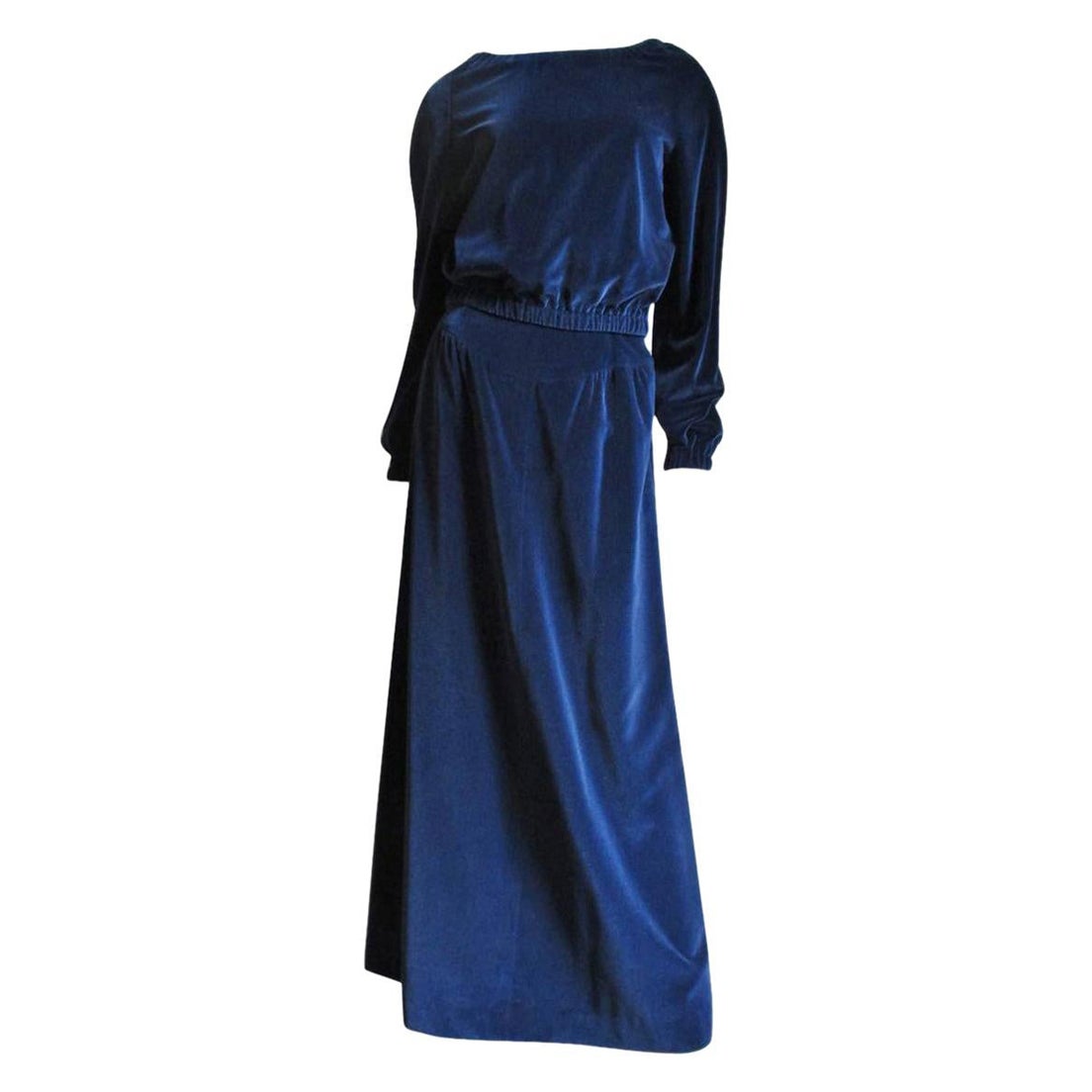 Courreges 1970s Hyperbole Blue Velvet Maxi Skirt and Top For Sale