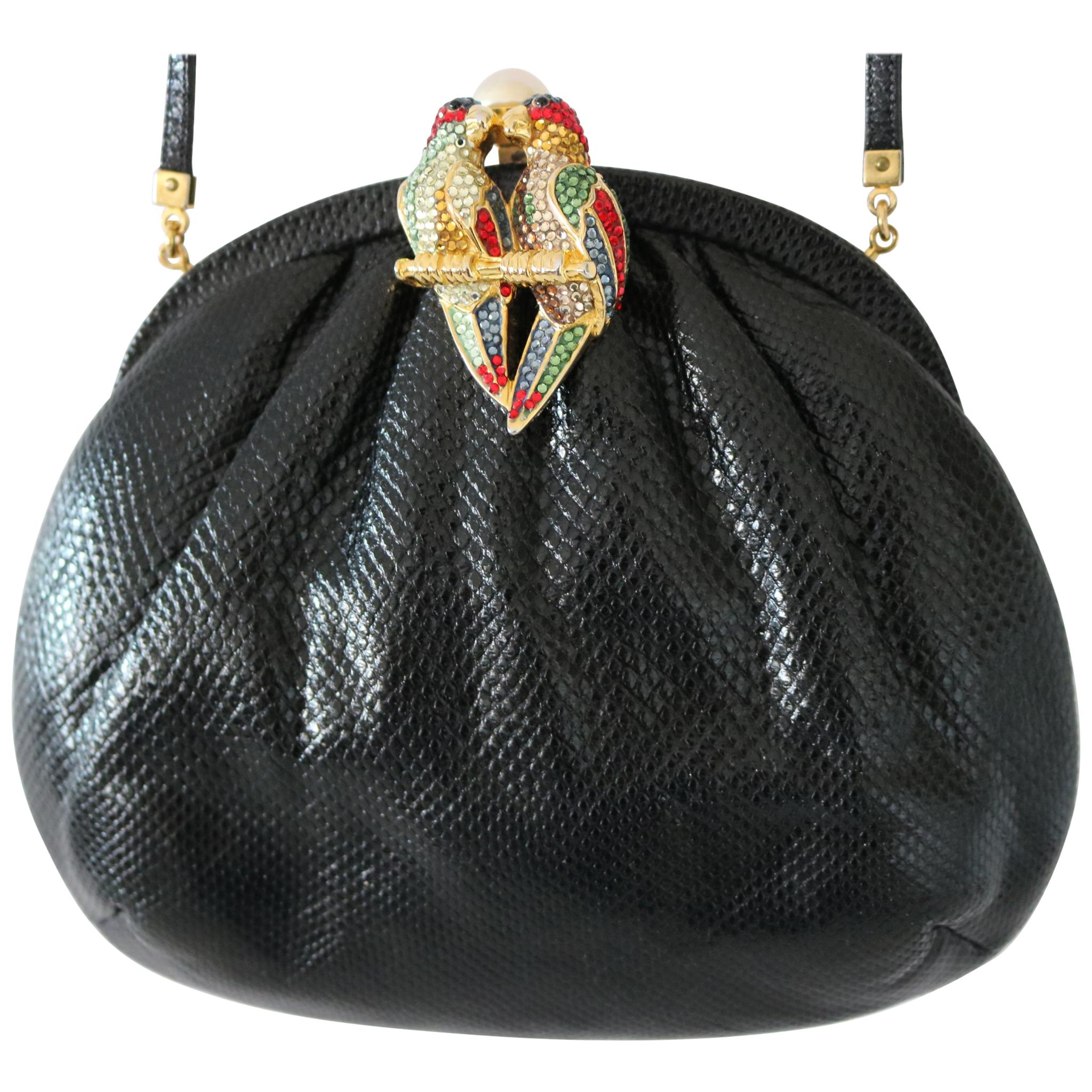 Judith Leiber Black Karung Kissing Parrots Pearl Clasp Clutch