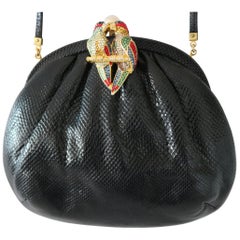 Judith Leiber Black Karung Kissing Parrots Pearl Clasp Clutch
