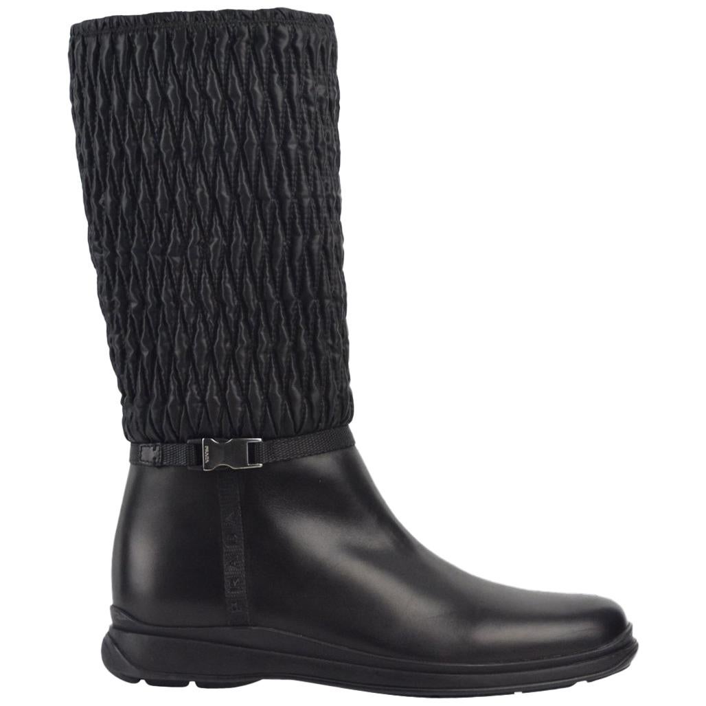 Prada Women's Black Leather Pull On Winter Sport Boots For Sale