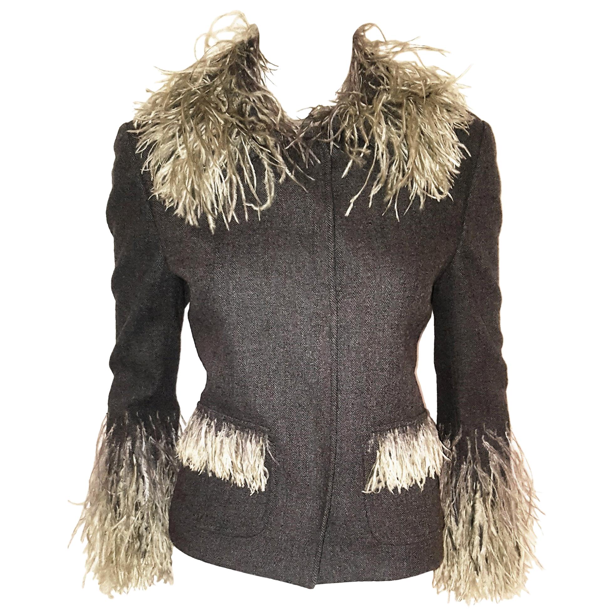 Dolce & Gabbana Wool Herringbone Jacket With Sage Ostrich Feather Trim 