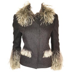 Dolce & Gabbana Wool Herringbone Jacket With Sage Ostrich Feather Trim