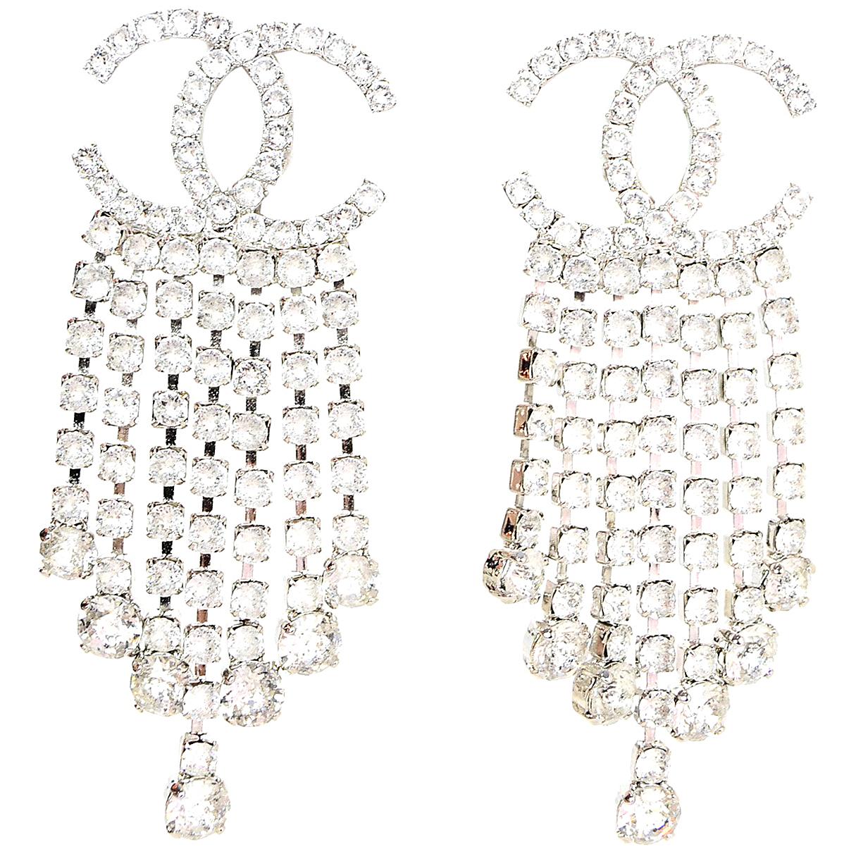 Chanel 2018 Silvertone Crystal CC Chandelier Clip On Earrings 