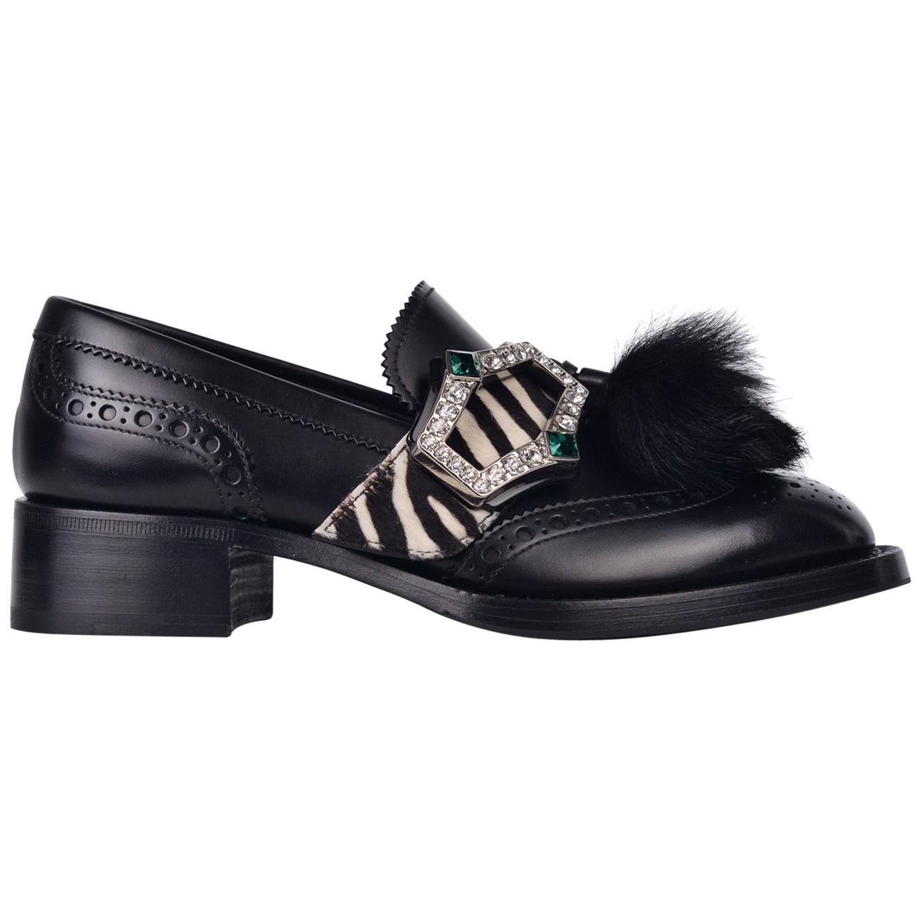 Prada Womens Black Leather Zebra Fur Tassel Crystal Buckle Oxfords For Sale