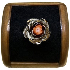 Vintage 1940s Mid Century Carved Coral Gilder Sterling Silver Floral Rose Ring