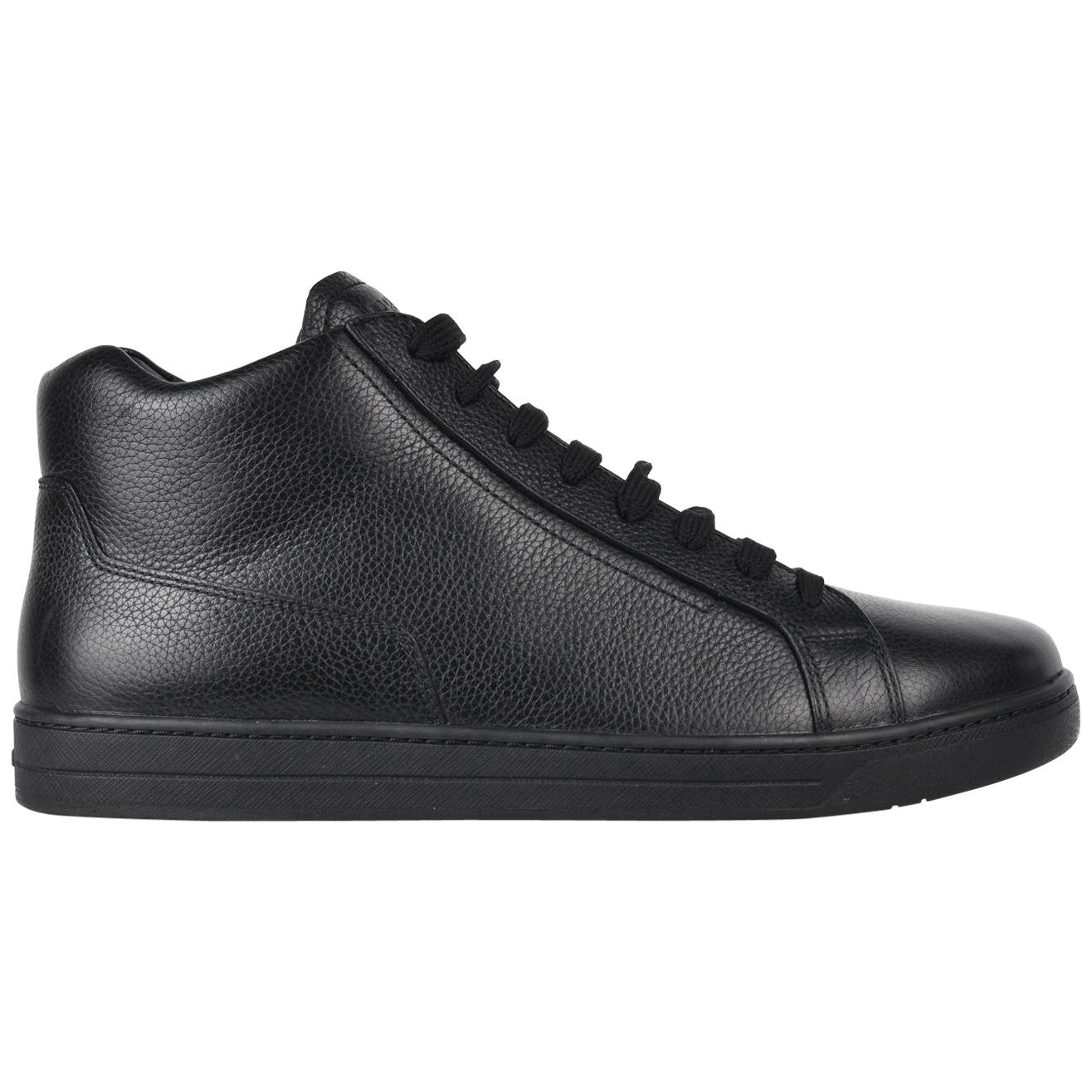 Prada Black Mens Grained Leather Lace Up High Top Sneakers For Sale