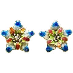 Vintage 1920s Asian Art Nouveau Enamel Gilded Sterling Filigree Flower Earrings