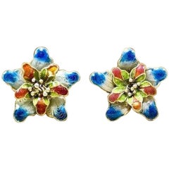 Antique 1920s Asian Art Nouveau Enamel Gilded Sterling Filigree Flower Earrings 