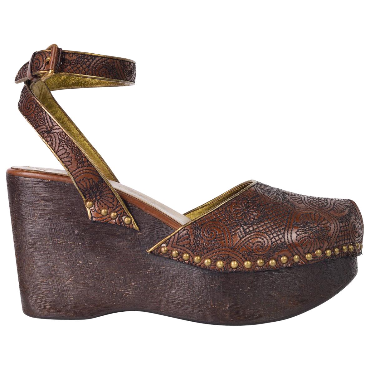 Prada Womens Brown Embroidered Leather Wooden Wedge Sandals For Sale