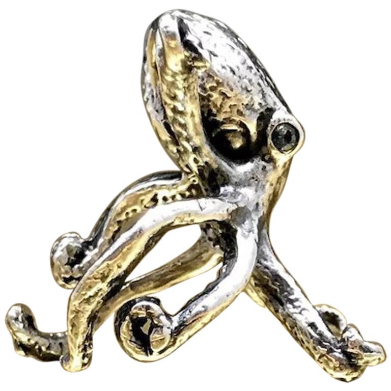 Vintage 1970s Artisan Blue Topaz 800 Silver Ocean Octopus Adjustable Animal Ring For Sale