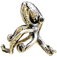 Vintage 1970s Artisan Blue Topaz 800 Silver Ocean Octopus Adjustable Animal Ring