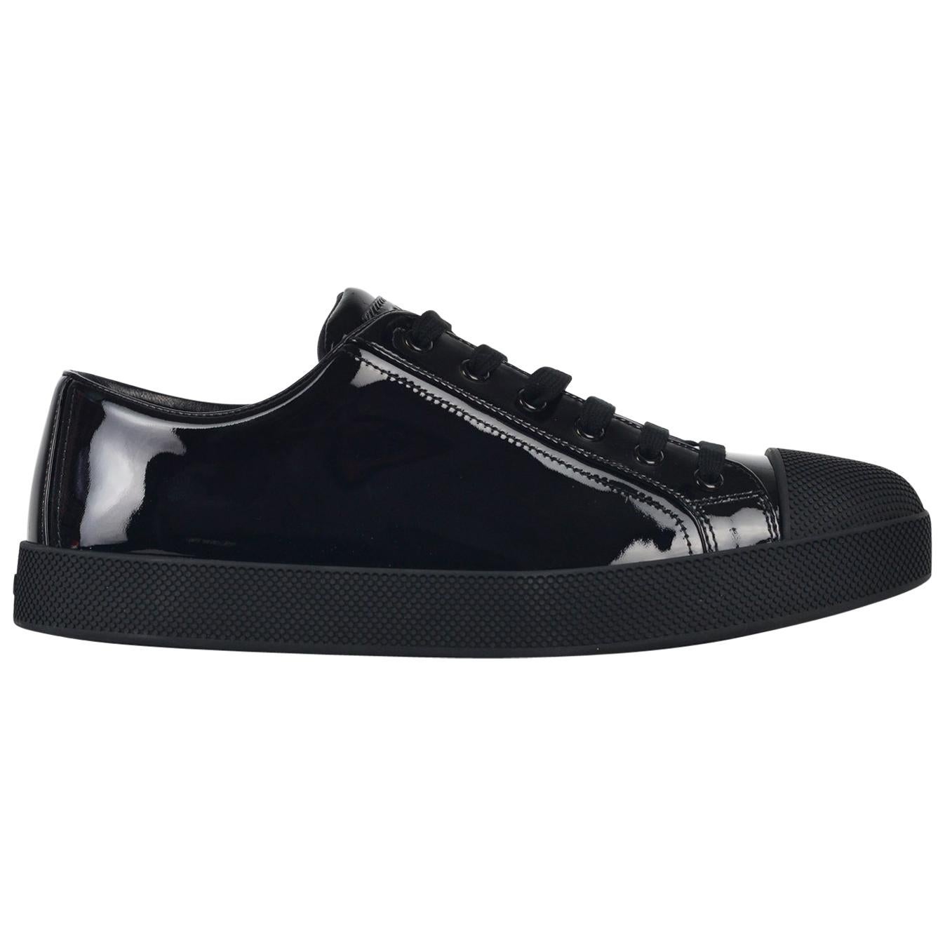 Prada Womens Black Shiny Leather Low Top Trainers Sneakers For Sale