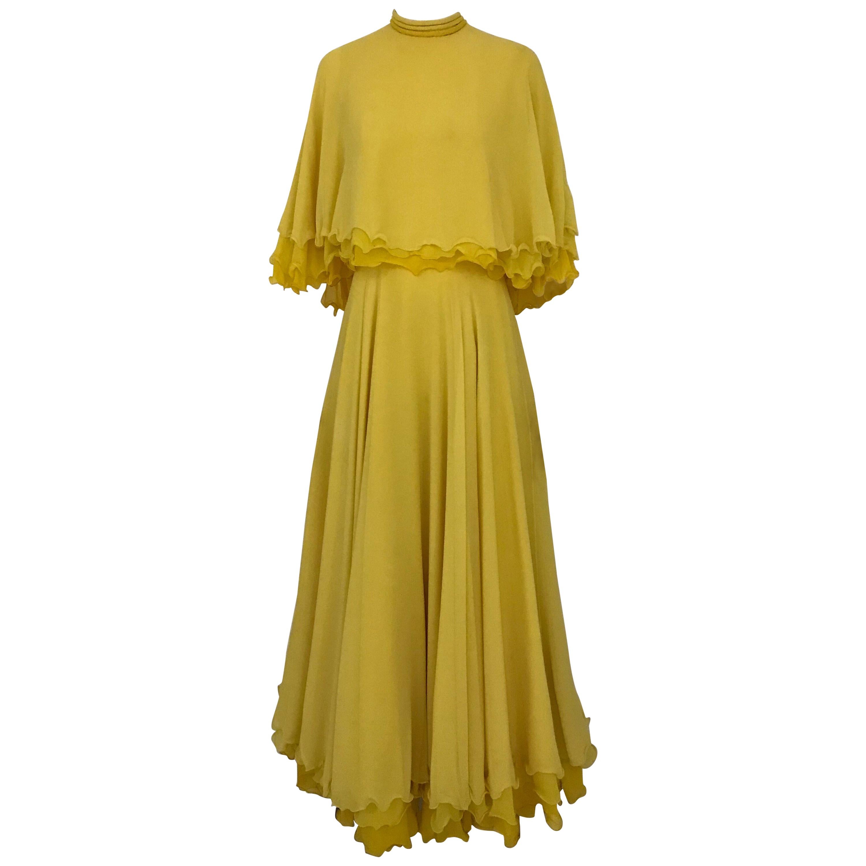 1970s Yellow La Mendola Italy Silk Chiffon Gown