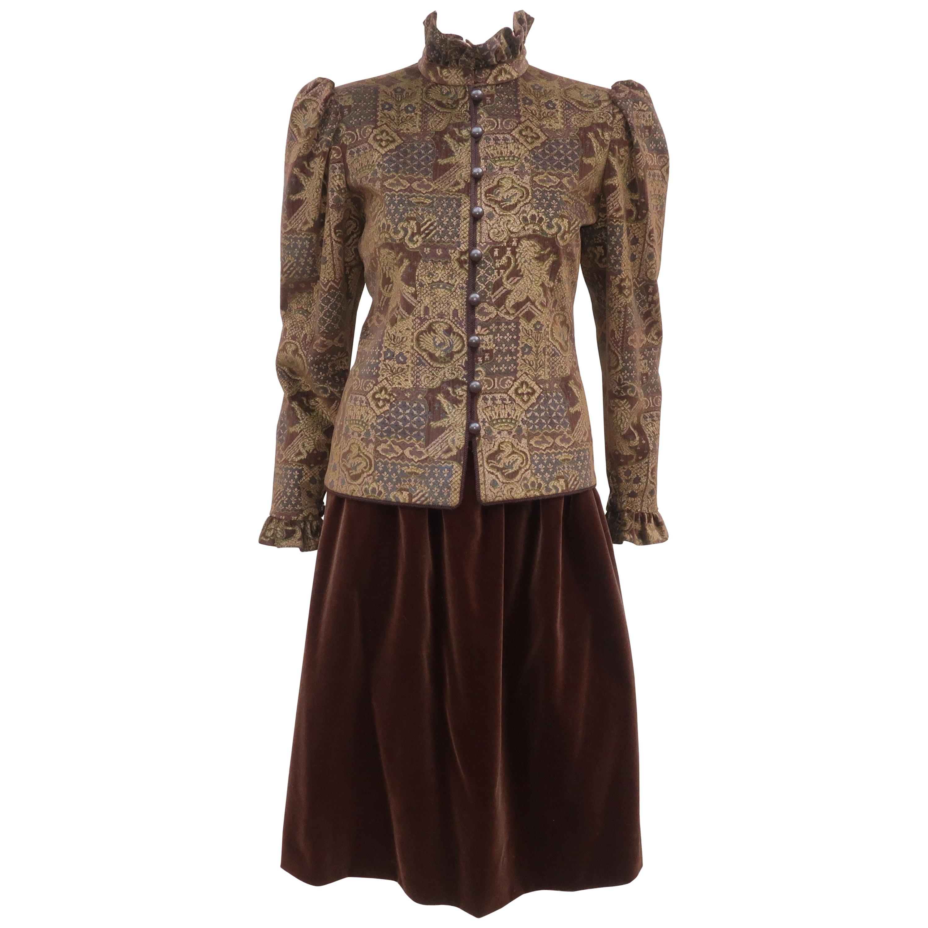 1970's Jean Louis Scherrer Brown Velvet Skirt Suit With Tapestry Style Jacket