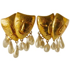 Vintage Lavin Drama Mask Statement Pearl Earrings 