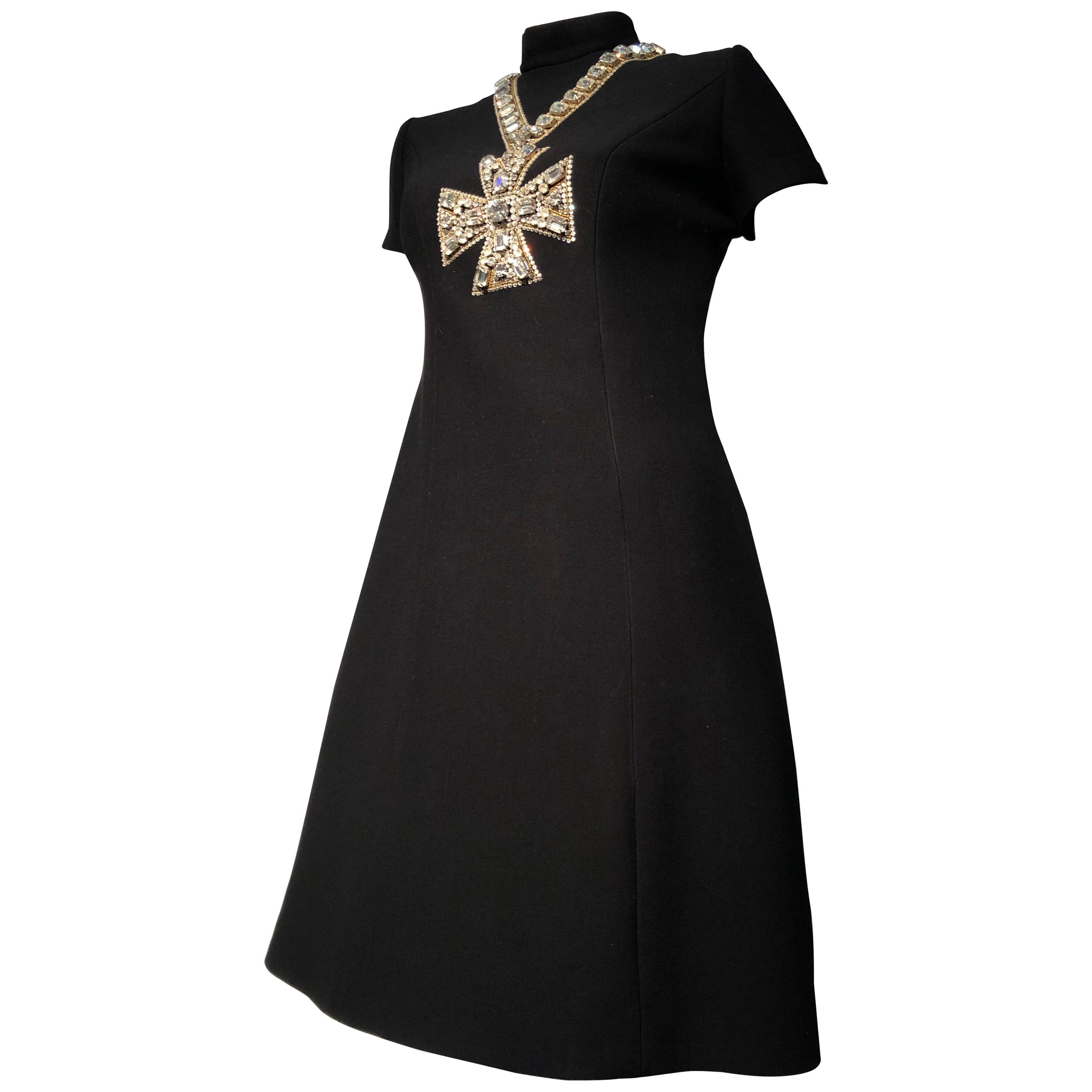 1968 Norman Norell Black A-Line Mini Dress W/ Trompe L'Oeil Rhinestone Cross