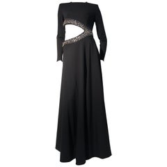 1970s Black Bias-Cut Wool Maxi Dress W/ Asymmetrical Cut-Out & Rhinestone Trim 