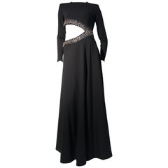 1970s Black Bias-Cut Wool Maxi Dress W/ Asymmetrical Cut-Out & Rhinestone Trim