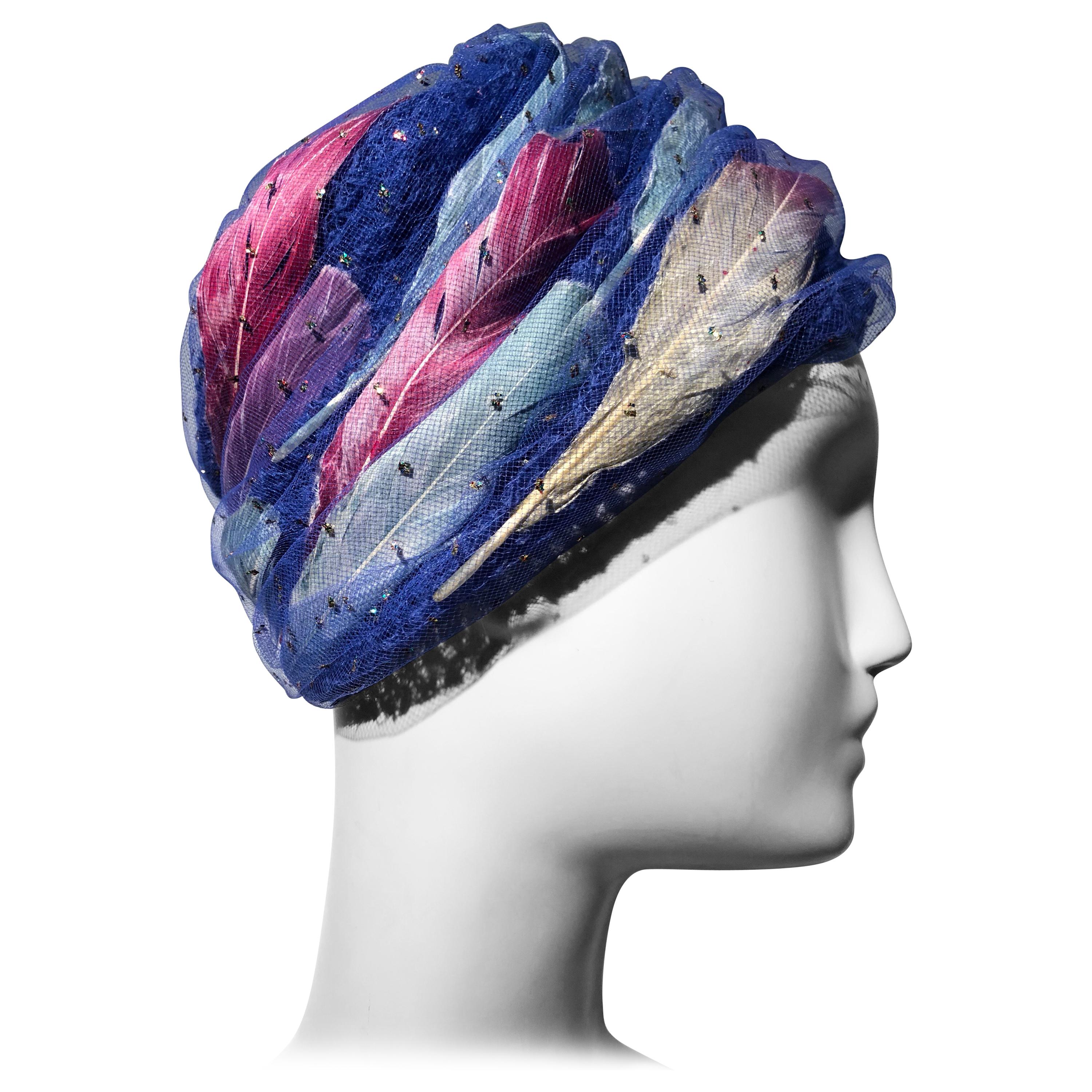 1960s Christian Dior Cobalt Blue Turban-Style Hat W/ Pink White & Blue Feathers