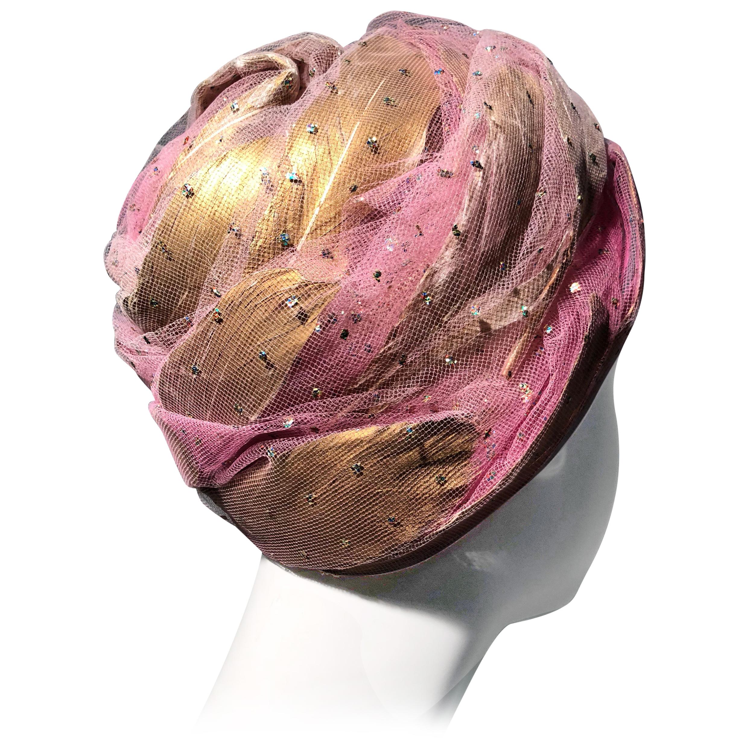 1960s Christian Dior Beeehive Turban Style Hat In Pink Tulle & Gold Feathers