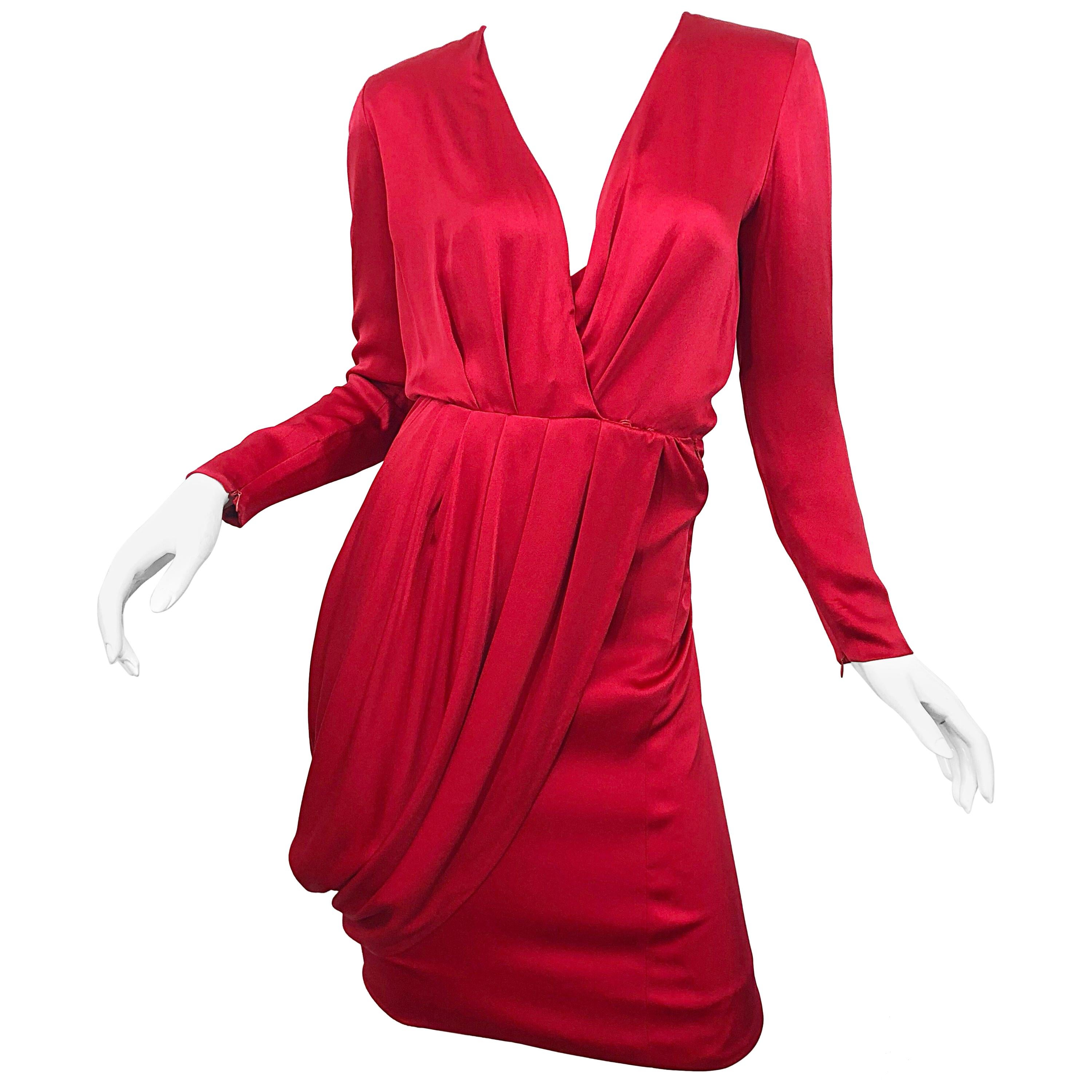 Vintage Red Givenchy One Shoulder Ruffle Silk Cocktail Dress For 