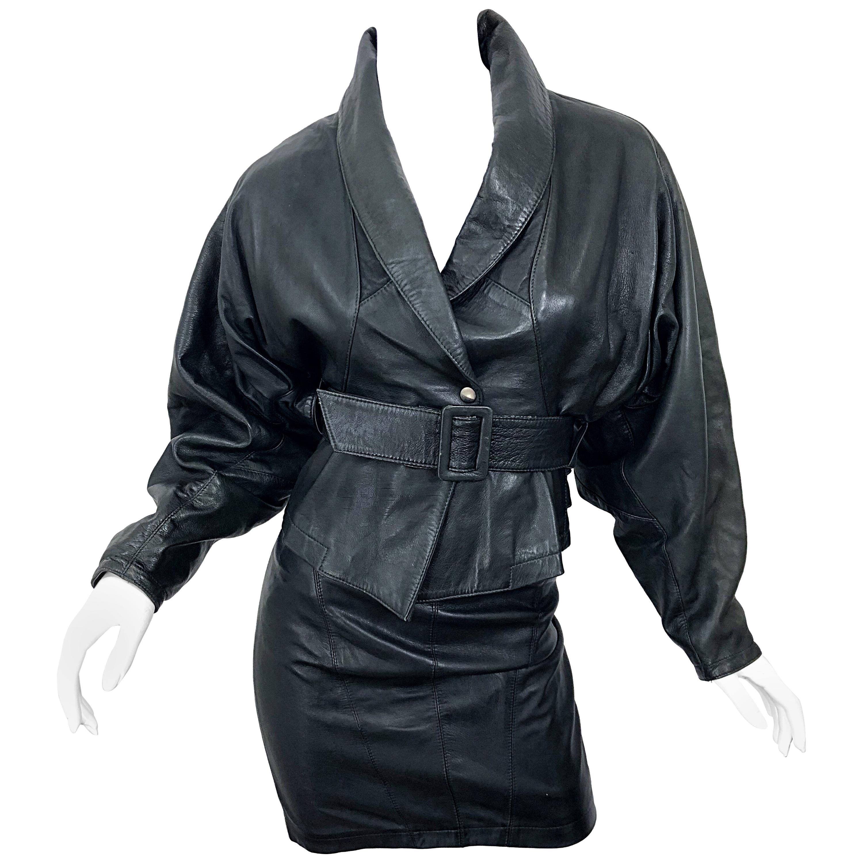 1980s Marc Laurent Paris Black Leather Avant Garde 80s Jacket + Mini Skirt Suit For Sale