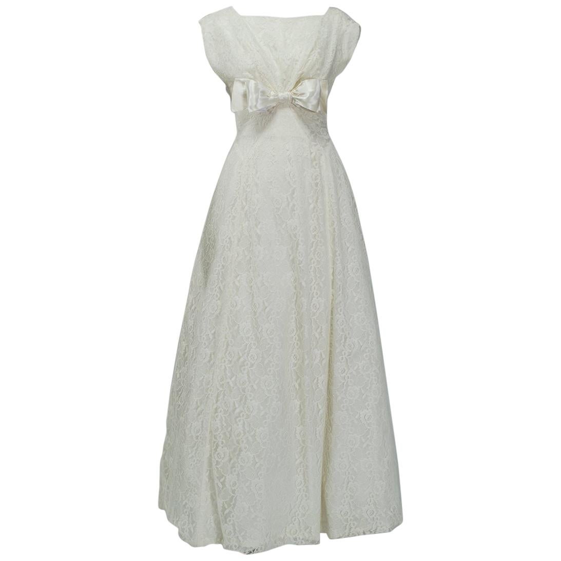 Emma Domb Ivory Lace Bateau Neck Wedding Gown with Bow - Small, 1950s