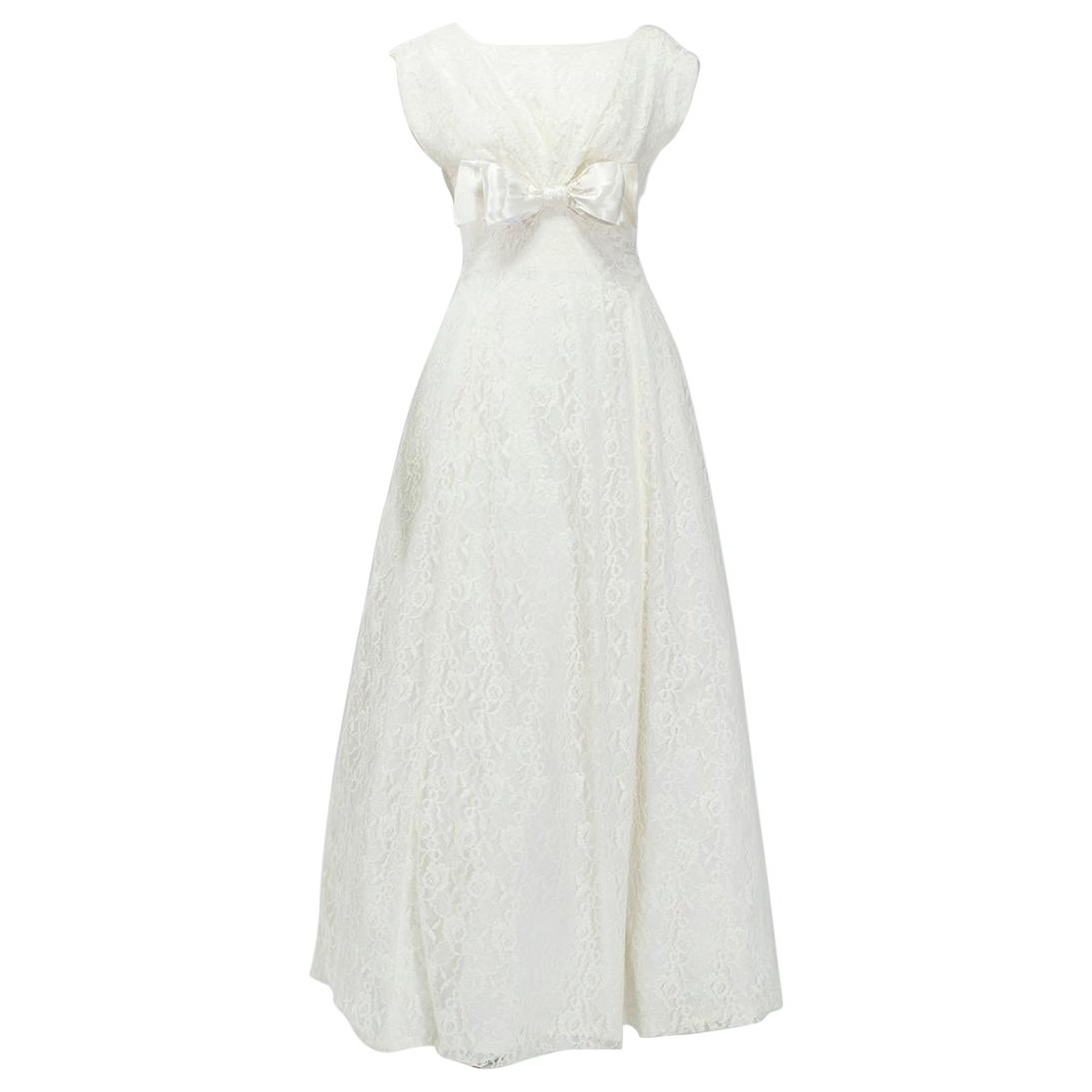 Emma Domb Ivory Floor Length Bateau Neck Wedding Gown with Empire Bow - S, 1950s For Sale
