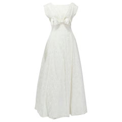 Emma Domb Ivory Floor Length Bateau Neck Wedding Gown with Empire Bow - S, 1950s