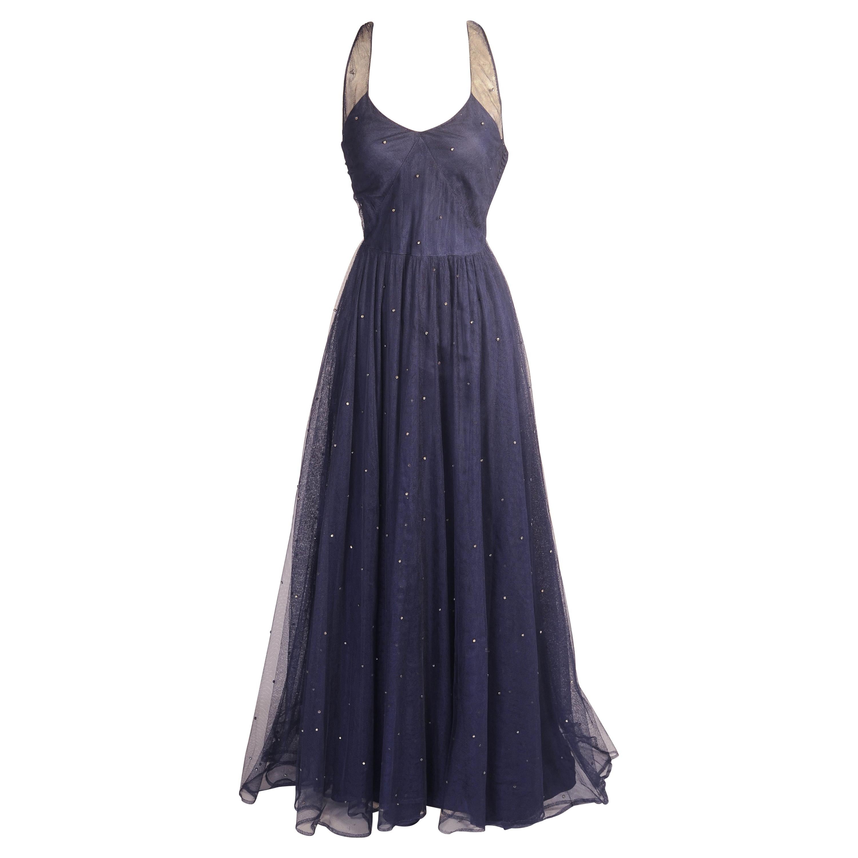 1930's Navy Blue Tulle Evening Gown with Diamante Decoration