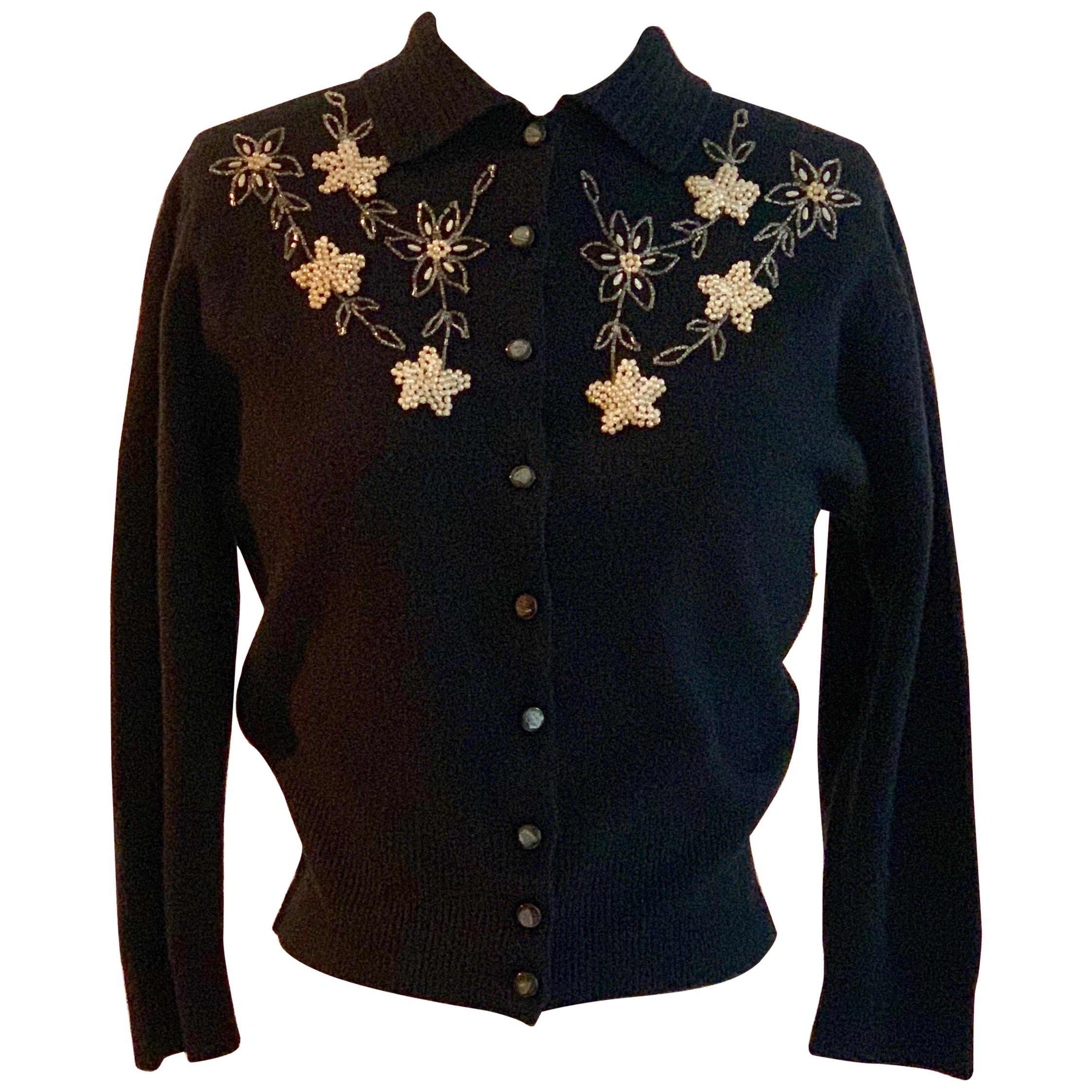 Schiaparelli Soft Black Floral Beaded Embellished Cardigan Sweater, 1960s