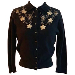 Vintage Schiaparelli Soft Black Floral Beaded Embellished Cardigan Sweater, 1960s