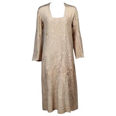 Antique Japanese Ivory Silk Hand Embroidery on an Ivory Silk 1920's Evening Dress