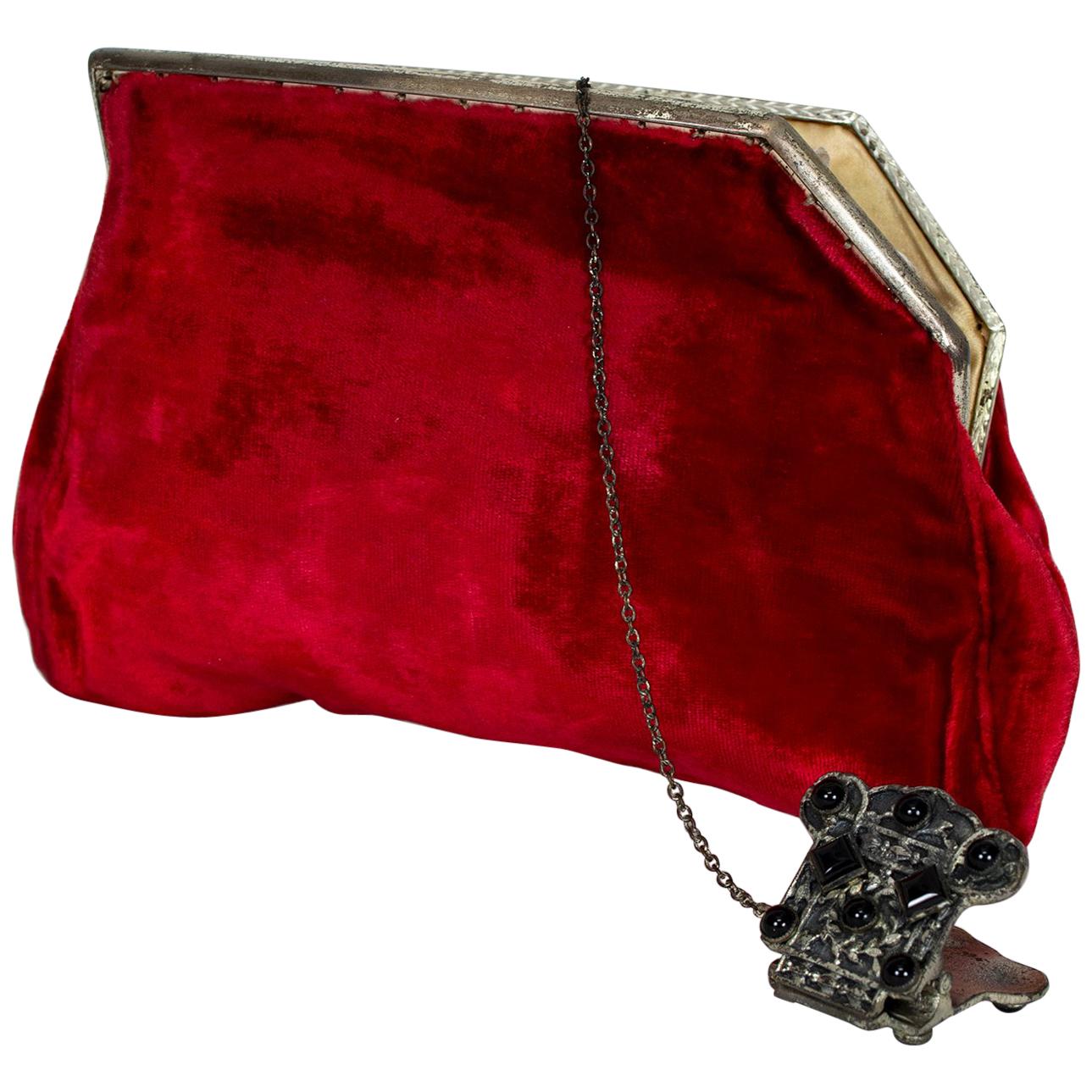 Red Velvet Evening Clutch with Onyx Closure and Chained Mirror, 1950s