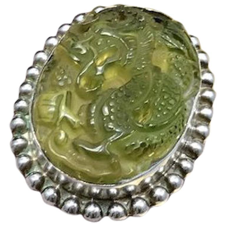 Vintage 1970s Retro Carved Jade Dragon Sterling Silver Mens Christmas Gift Ring For Sale