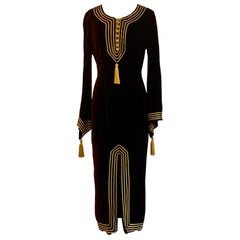 Vintage Moschino Couture 1990s Purple Velvet Caftan Dress with Gold Trim and Tassels