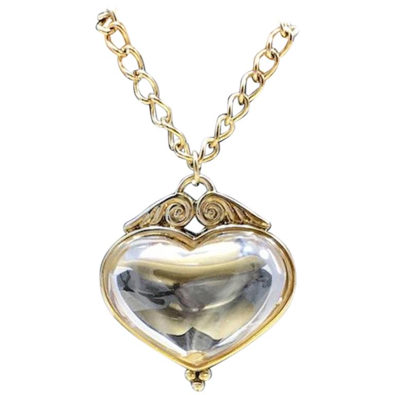 Antique 1800s Gilded Sterling Silver Heart Shaped Rock Crystal Christmas Pendant For Sale