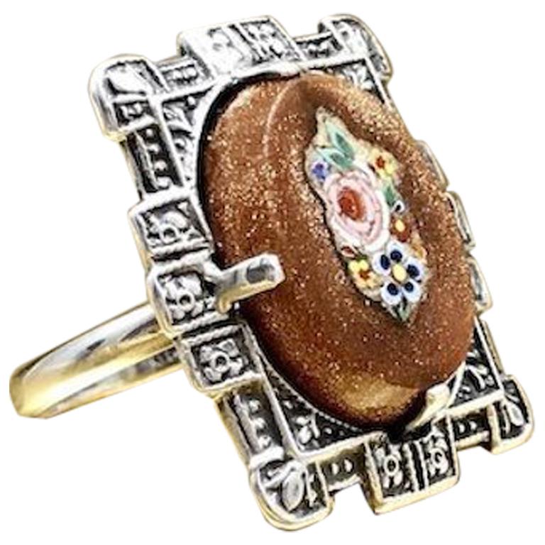 Art Deco Vintage 1930s Sterling Silver Goldstone Micro Mosaic Christmas Ring  For Sale