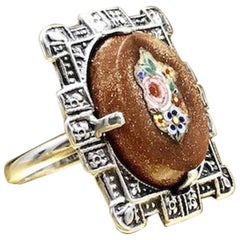 Art Deco Vintage 1930s Sterling Silver Goldstone Micro Mosaic Christmas Ring 