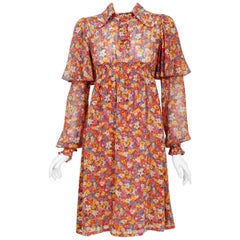 Vintage 1969 Alice Pollock Documented Floral Cotton Flutter Sleeve Smocked Empire Dress