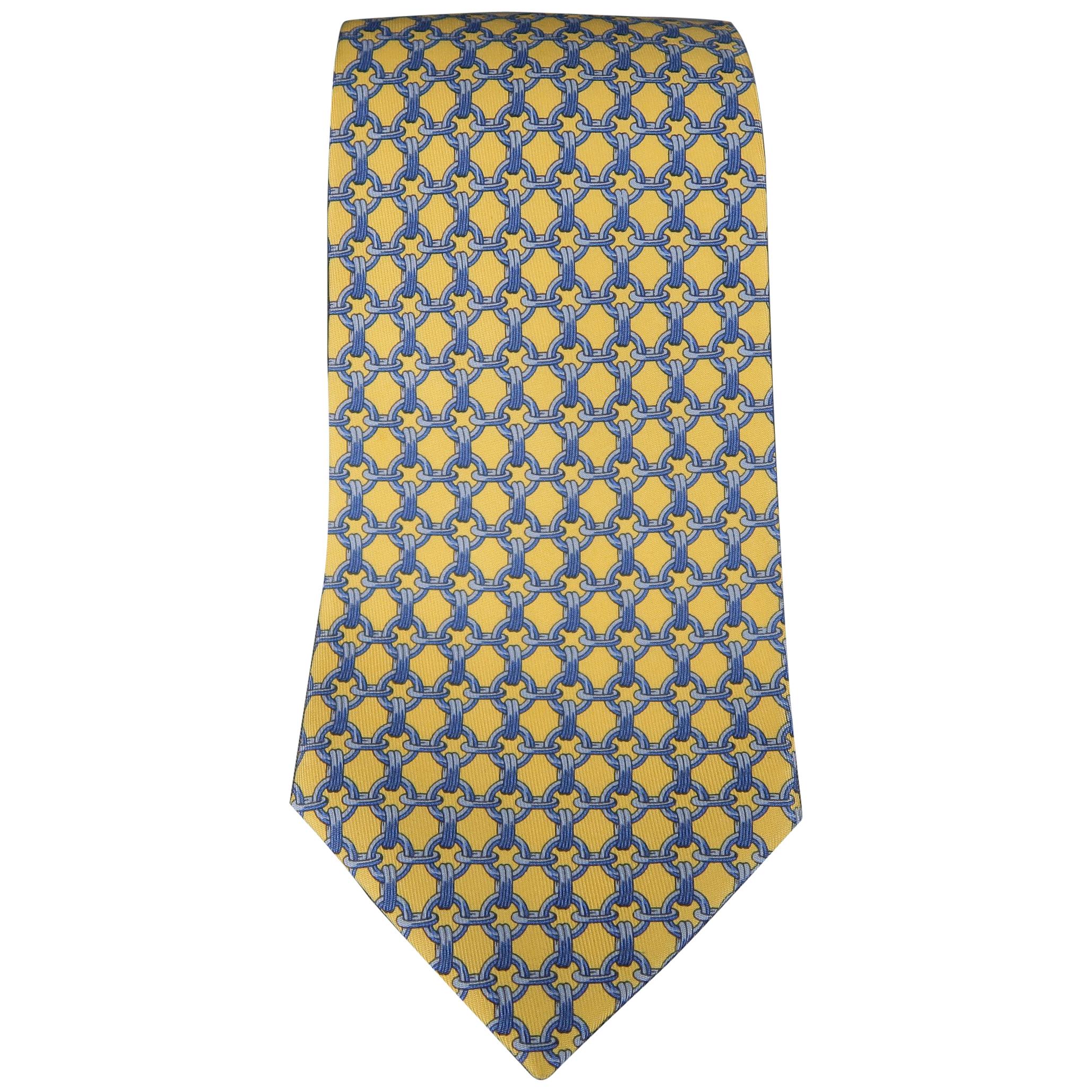 HERMES Yellow & Blue Chain Print Silk Tie