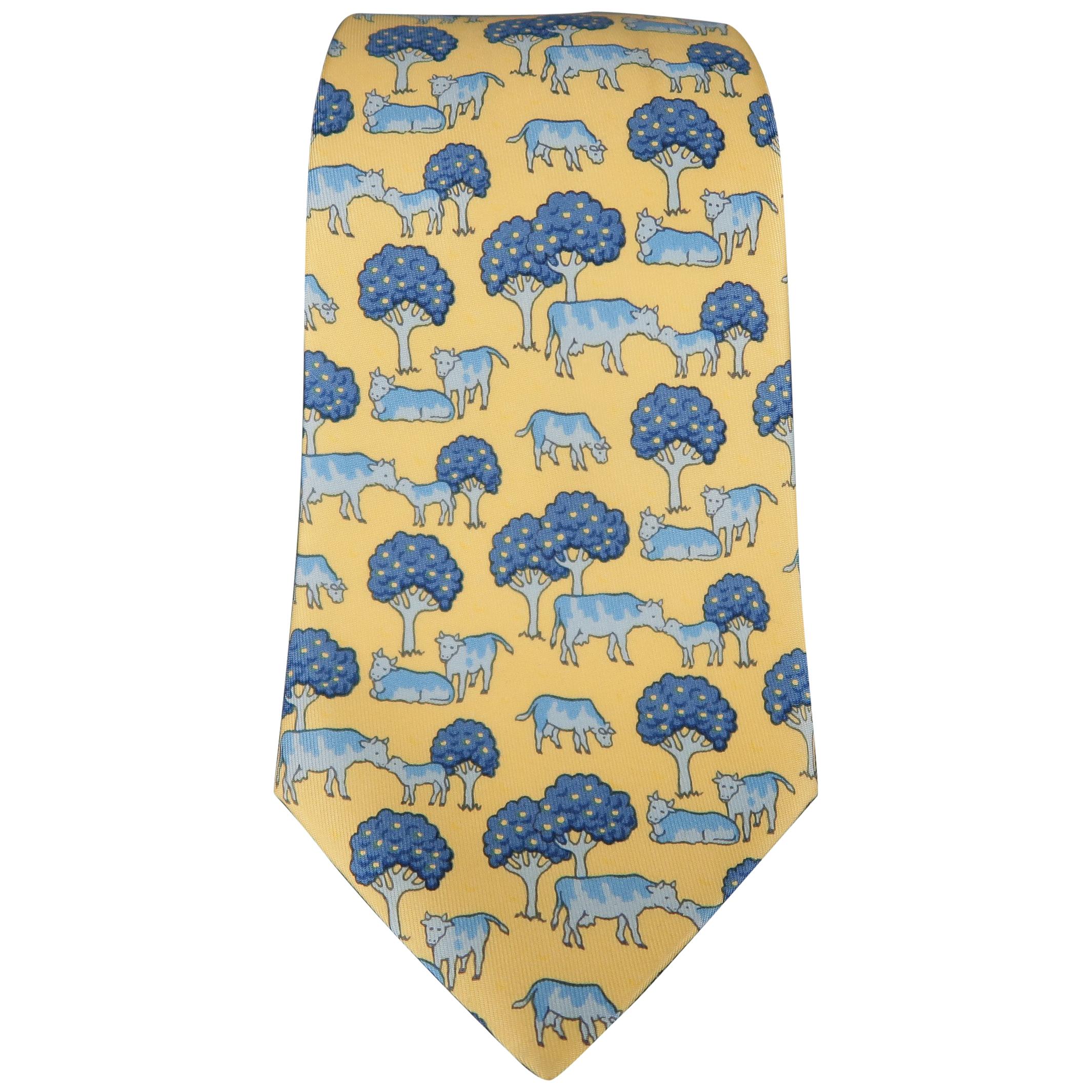 HERMES Yellow & Blue Cow & Tree Print Silk Tie