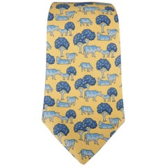 HERMES Yellow & Blue Cow & Tree Print Silk Tie