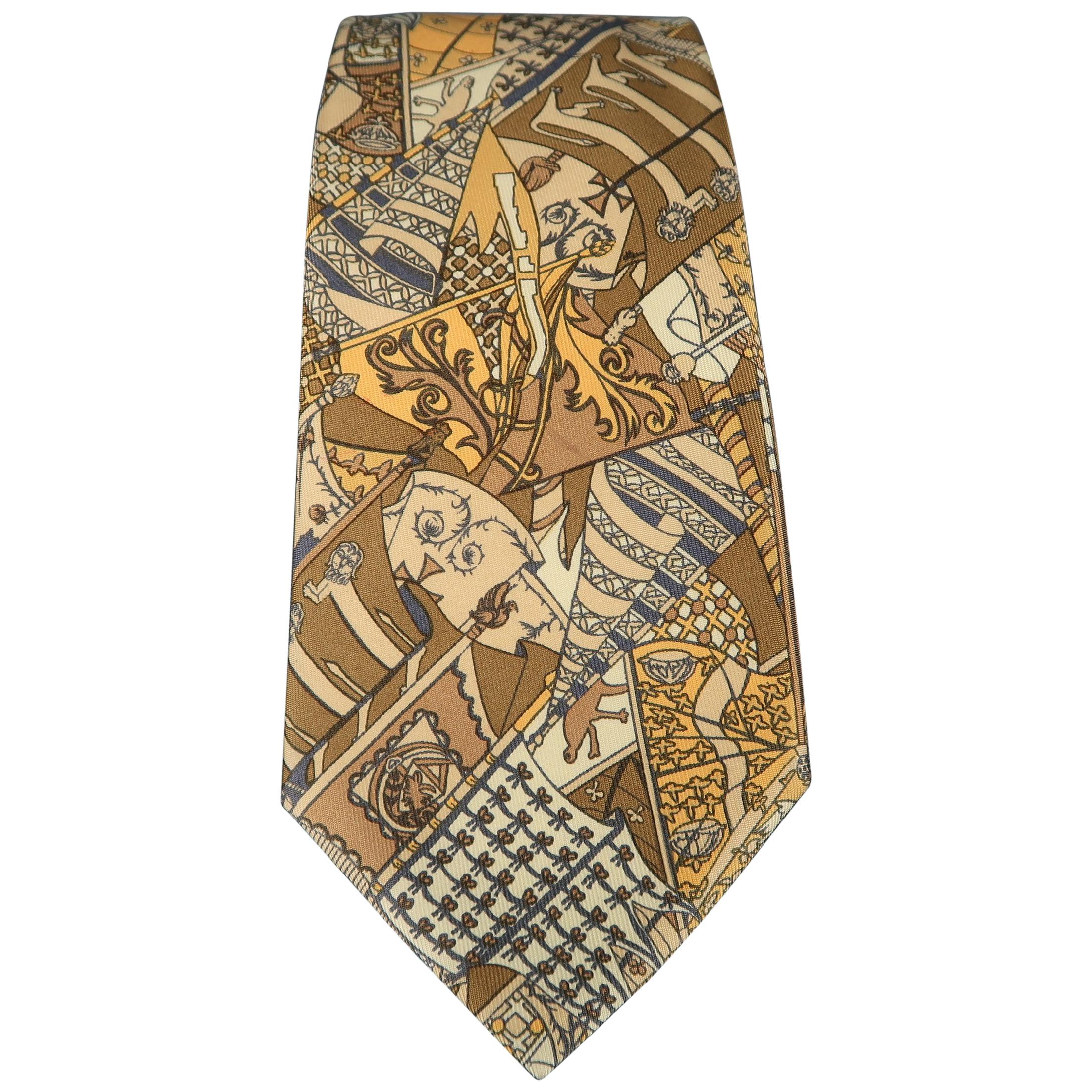 HERMES Gold XV Century Print Silk Tie