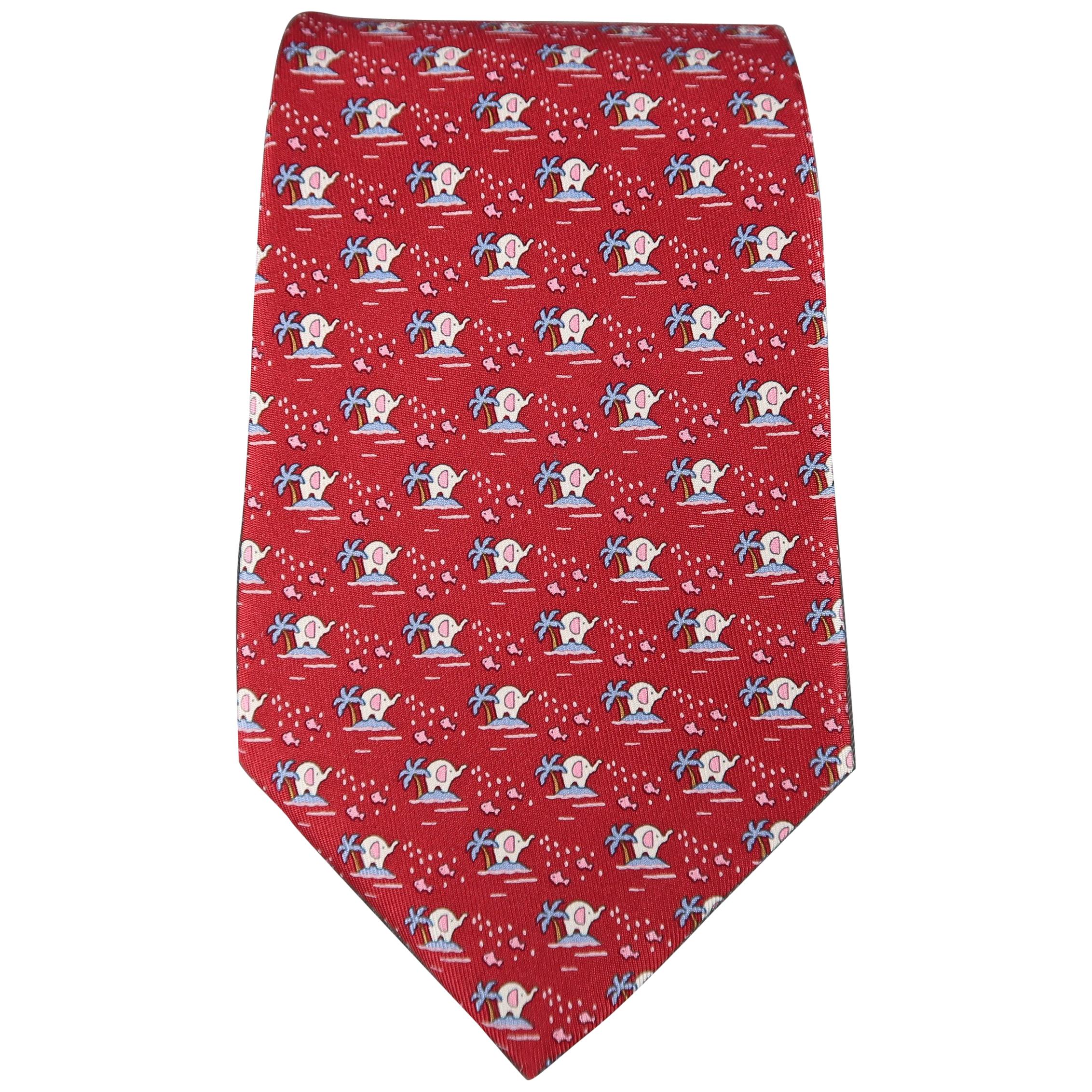 SALVATORE FERRAGAMO Red Elephant & Palm Tree Print Silk Tie