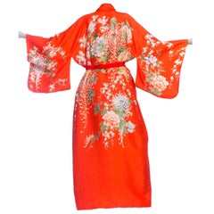 1960S Red Chrysanthemum Print Japanese Silk Kimono